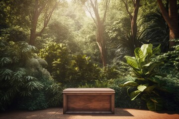Empty Wooden Podium with Natural Green Leaves Backdrop 3D Rendered in High Resolution for Product Showcase in Luxurious Setting