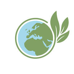 Save earth. Global ecology icon. Planet with green plant leaves growing illustration.