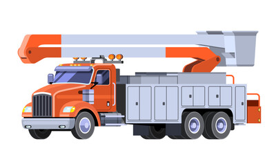 Minimalistic modern bucket truck front side view. Aerial work basket vehicle. Vector clip art of cherry picker on white background. - obrazy, fototapety, plakaty