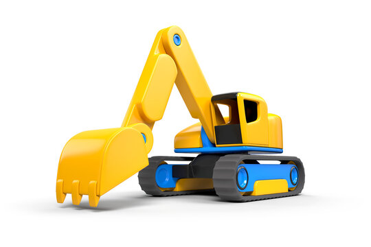 Toy style excavator on tracked frame. Three dimensional raster graphic illustration on transparent background. 3d image