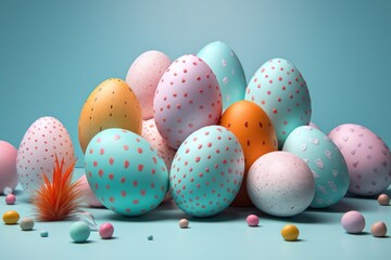 Fototapeta na wymiar Colorful Easter Eggs on Pastel Blue Background 3D Rendered with Playful Design and Realistic Texture