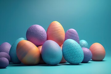 Colorful Easter Eggs on Pastel Blue Background 3D Rendered with Playful Design and Realistic Texture
