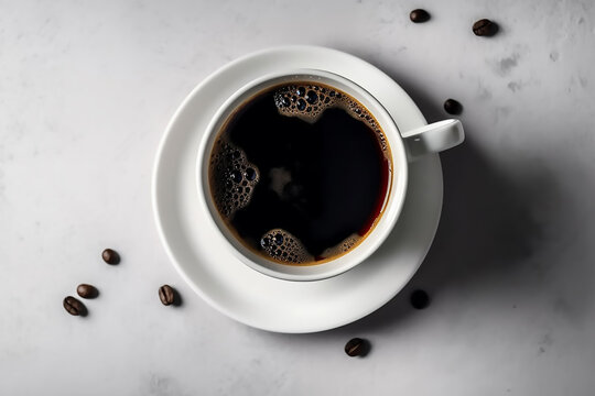 The Perfect Pair: White Coffee Mug and Dark Roasted Black Coffee, Flat Lay Shot - Generative Ai