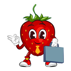 mascot character vector illustration of a strawberry office worker in a tie and carrying a suitcase