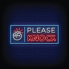 Neon Sign please knock with brick wall background vector