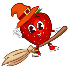 mascot character vector illustration of a witch strawberry flying on her broomstick