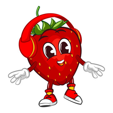 mascot character vector illustration of a strawberry listening to a headset