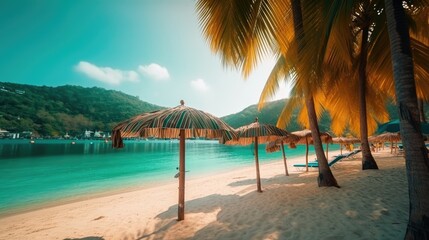 Fototapeta na wymiar Soak Up the Sun: A Stunning Beach Scene with Swinging Hammocks and Blue Waters, AI Generative