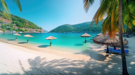 Naklejka premium Beachside Beauty: A Majestic Beach with Sparkling Waters and Vibrant Palms, AI Generative