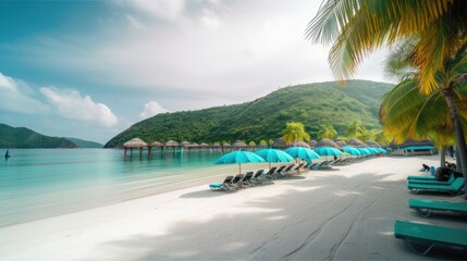 Naklejka premium Seaside Escape: A Stunning Beach Scene with Rustling Palms and Sparkling Waters, AI Generative