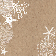 Nautical illustration with starfish , underwater plants, wave on kraft paper. Vector. Invitation, greeting card or an element for your design. - 584385975