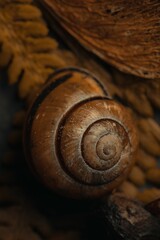 Vertical shot of a snail on a golden autumn leaf