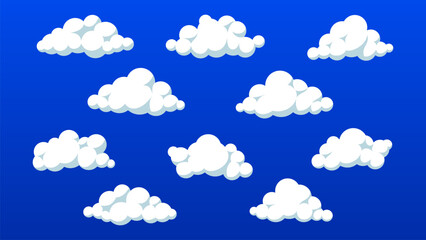 Fluffy cartoon clouds on blue sky. Vector illustration