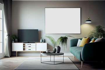 Modern wide screen TV on white wall in room with stylish furniture, AI Generated