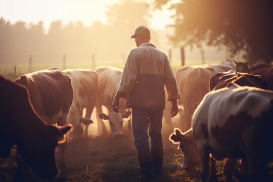  a man is standing in front of a herd of cows in a field with the sun shining on the grass and trees in the background.  generative ai