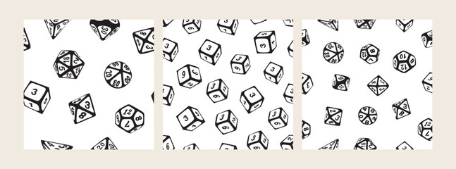 Fototapeta premium Hand-drawn doodle dice set. Seamless patterns set. Simple doodle vector black-white illustration