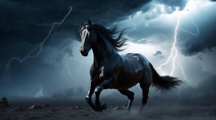 Obraz na płótnie Canvas A black horse galloping through a desert during an intense storm. Generative AI.