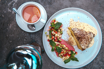 top view sponge dessert with berries and fruits