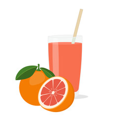 Glass of fresh grapefruit juice and cut fruits.