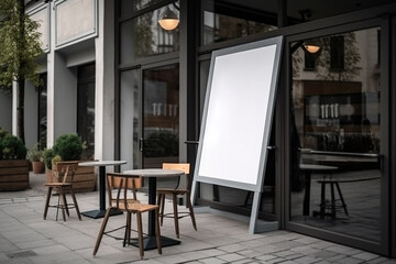 Blank restaurant shop sign or menu boards near the entrance to restaurant. Cafe menu on the street. Blackboard sign in front of a restaurant. Signboard, freestanding A-frame blackboard. AI generated.