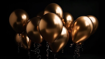 Holidays, birthday party, wedding decoration concept, golden metallic helium balloons on black background. Gold balloons for background, celebrating, greeting card. AI generated image.