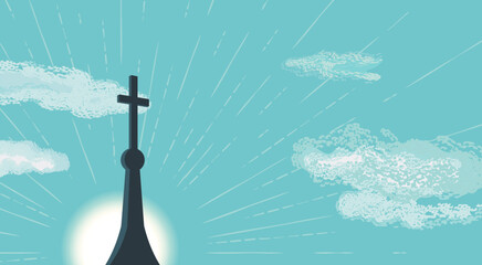 Christian Cross on top of church on blue sunrise sky background. Christian symbol vector illustration. Sacrament biblical church cross. Catholic bible Holy week design element. Religion sign template