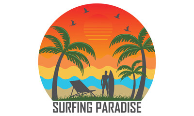Surfing paradise T-shirt design vector Illustration summer concept slogan t shirt. Vector illustration design for fashion graphics, t shirt prints etc. Beach shirt , surfing, time for surfing,