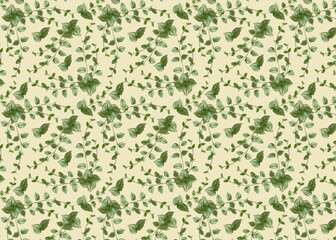 Seamless pattern with green branches  on a light background.  Design for textiles, wallpapers. Wedding design element.