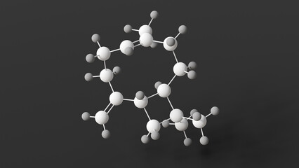 caryophyllene molecule, molecular structure, beta-caryophyllene, ball and stick 3d model, structural chemical formula with colored atoms