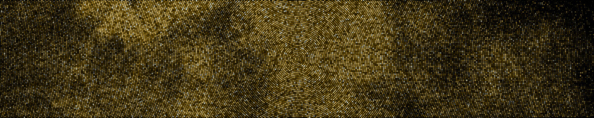 Gold Glitter Halftone Dotted Backdrop. Abstract Circular Retro Pattern. Pop Art Style Background. Golden Explosion Of Confetti. Wide Horizontal Long Banner For Site. Vector Illustration, Eps 10.  