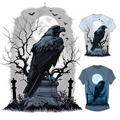 raven on the tree. vector t-shirt design white background of a gothic raven in a graveyard - obrazy, fototapety, plakaty