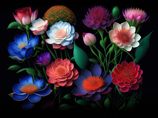 Bouquet of fantasy Spring Big flowers in dark background. Decorative and Beautiful botanical wallpaper with garden flowers bouquet in black background. generative ai