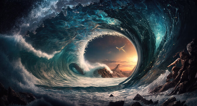 impressive epic ocean waves, scifi space artwork, generative ai technology