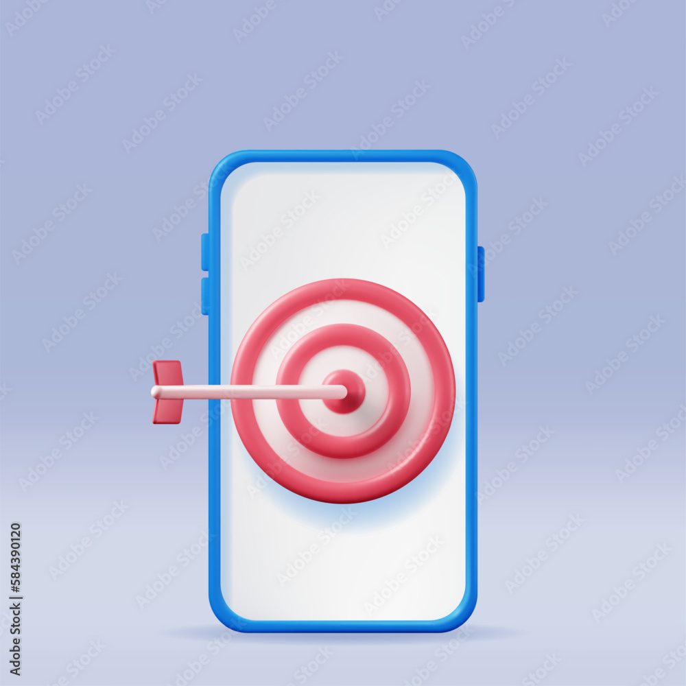 Poster 3d target with arrow in center on smartphone screen. render dartboard with arrow and phone. goal set