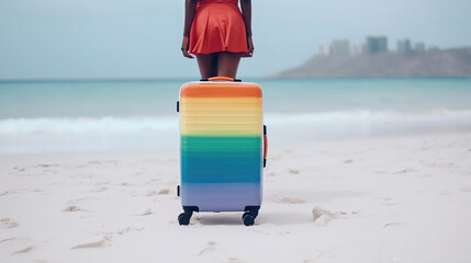 Naklejka premium woman with suitcase on the beach. generative AI