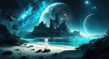 a beautiful peaceful island in galaxy, space artwork of a peace place in universe, generative ai technology