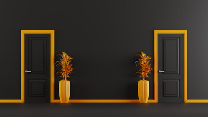 3D render of black closed door with yellow frame and plants