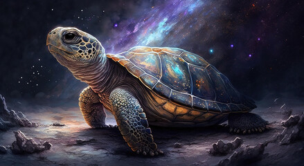 Plakat a wise beautiful turtle in space, thinking about life, generative ai technology