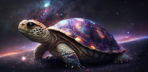 Naklejka na ściany i meble an epic scifi illustration of a wise turtle thinking about life, cosmos artwork, generative ai technology