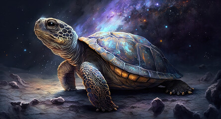 Plakat a beautiful shining turtle in space, wise and thinking about life, generative ai technology