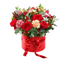 Beautiful bouquet in a red luxury present box with a red bow, cut out