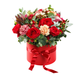 Beautiful bouquet in a red luxury present box with a red bow, cut out