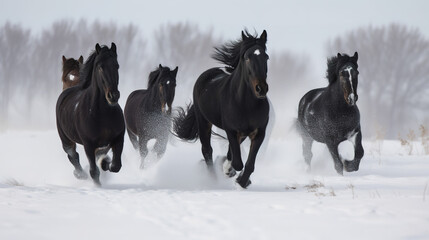 Plakat Running Quartet - A Stunning Shot of 4 Horses Charging Towards the Camera, Generative AI