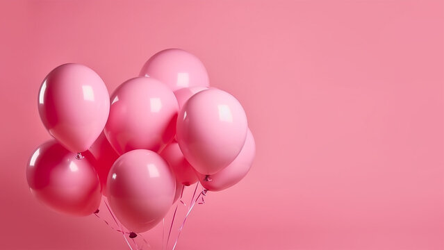 Balloons on pink background with free space for text. Birthday celebration, wedding or baby shower decor. Minimal creative idea for party and celebration, greeting card. AI generated