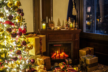 Magical Christmas Night: Cozy Room with Christmas Tree and Fireplace