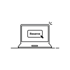 black linear laptop with book now. concept of easy booking by notebook or mobile device and pre-order motel. flat stroke modern ui logotype graphic art simple design isolated on white background