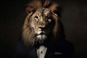 Fototapeta premium Portrait of a lion dressed in a formal business suit, generative ai