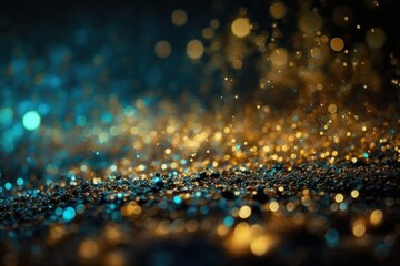 abstract background with Dark blue and gold particle. Christmas Golden light shine particles bokeh on navy blue background. Gold foil texture. Holiday concept, generative ai