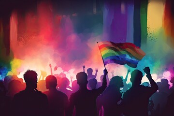 Pride festival with people celebrating on rainbow colors background. Generative AI