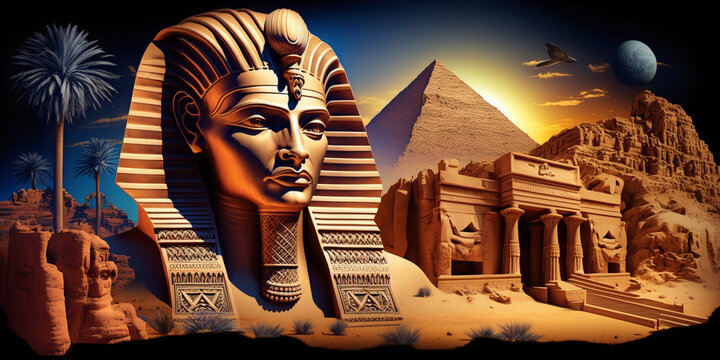Fantasy theme of ancient Egypt, ancient colosseum, spartans, ancient massons, pyramids. Generative AI